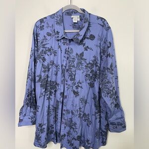 Catherines Womens Plus Size 3X Purple Floral Cotton Button-Up Shirt Long Sleeve
